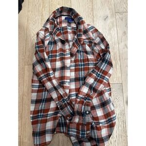 Aeropostale Mens Plaid Flannel Shirt Orange Navy Blue Long Sleeve Button Down S